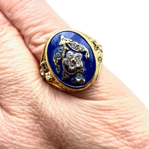 Womens Fashion Ring Blue Enamel Crystal Gold Plated French Vintage Style Size 10 - Picture 4 of 7